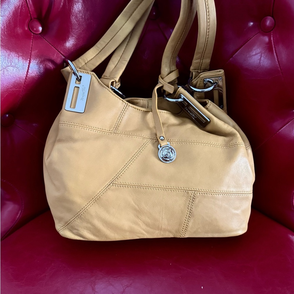 Rough Roses Tan Leather Shoulder Bag
